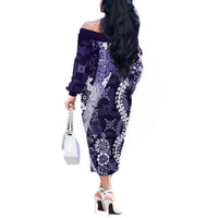 Hawaii Puakenikeni and Maile Lei Off The Shoulder Long Sleeve Dress Purple Japanese Wave Style - Polynesian Pride