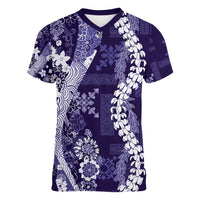 Hawaii Puakenikeni and Maile Lei Women V-Neck T-Shirt Purple Japanese Wave Style - Polynesian Pride