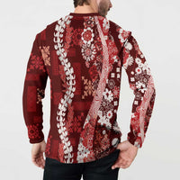 Hawaii Puakenikeni and Maile Lei Button Sweatshirt Red Japanese Wave Style - Polynesian Pride