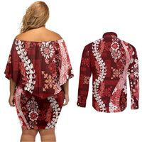 Hawaii Puakenikeni and Maile Lei Couples Matching Off Shoulder Short Dress and Long Sleeve Button Shirt Red Japanese Wave Style - Polynesian Pride