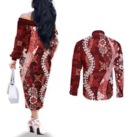 Hawaii Puakenikeni and Maile Lei Couples Matching Off The Shoulder Long Sleeve Dress and Long Sleeve Button Shirt Red Japanese Wave Style - Polynesian Pride