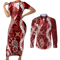 Hawaii Puakenikeni and Maile Lei Couples Matching Short Sleeve Bodycon Dress and Long Sleeve Button Shirt Red Japanese Wave Style - Polynesian Pride