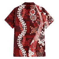 Hawaii Puakenikeni and Maile Lei Family Matching Long Sleeve Bodycon Dress and Hawaiian Shirt Red Japanese Wave Style LT9 - Polynesian Pride