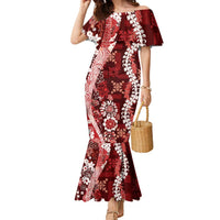 Hawaii Puakenikeni and Maile Lei Family Matching Mermaid Dress and Hawaiian Shirt Red Japanese Wave Style - Polynesian Pride