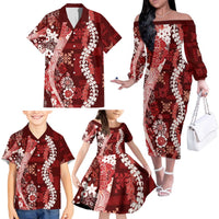 Hawaii Puakenikeni and Maile Lei Family Matching Off The Shoulder Long Sleeve Dress and Hawaiian Shirt Red Japanese Wave Style - Polynesian Pride