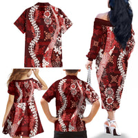 Hawaii Puakenikeni and Maile Lei Family Matching Off The Shoulder Long Sleeve Dress and Hawaiian Shirt Red Japanese Wave Style - Polynesian Pride