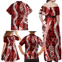 Hawaii Puakenikeni and Maile Lei Family Matching Off Shoulder Maxi Dress and Hawaiian Shirt Red Japanese Wave Style - Polynesian Pride