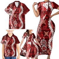 Hawaii Puakenikeni and Maile Lei Family Matching Short Sleeve Bodycon Dress and Hawaiian Shirt Red Japanese Wave Style - Polynesian Pride