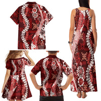 Hawaii Puakenikeni and Maile Lei Family Matching Tank Maxi Dress and Hawaiian Shirt Red Japanese Wave Style - Polynesian Pride
