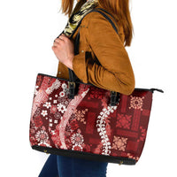 Hawaii Puakenikeni and Maile Lei Leather Tote Bag Red Japanese Wave Style LT9 Red - Polynesian Pride