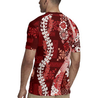 Hawaii Puakenikeni and Maile Lei Rugby Jersey Red Japanese Wave Style - Polynesian Pride