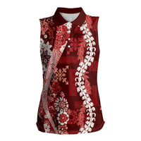 Hawaii Puakenikeni and Maile Lei Women Sleeveless Polo Shirt Red Japanese Wave Style - Polynesian Pride