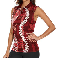 Hawaii Puakenikeni and Maile Lei Women Sleeveless Polo Shirt Red Japanese Wave Style - Polynesian Pride
