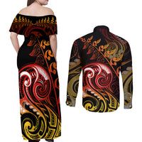 New Zealand Couples Matching Off Shoulder Maxi Dress and Long Sleeve Button Shirts Aotearoa Wisdom Face Maori Fern Tattoo Arty LT9 - Polynesian Pride