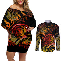 New Zealand Couples Matching Off Shoulder Short Dress and Long Sleeve Button Shirts Aotearoa Wisdom Face Maori Fern Tattoo Arty LT9 Reggae - Polynesian Pride