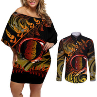 New Zealand Couples Matching Off Shoulder Short Dress and Long Sleeve Button Shirts Aotearoa Hei-Tiki Maori Fern Tattoo Arty LT9 Reggae - Polynesian Pride