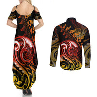 New Zealand Couples Matching Summer Maxi Dress and Long Sleeve Button Shirts Aotearoa Hei-Tiki Maori Fern Tattoo Arty LT9 - Polynesian Pride