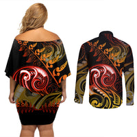 New Zealand Couples Matching Off Shoulder Short Dress and Long Sleeve Button Shirts Aotearoa Manaia Maori Fern Tattoo Arty LT9 - Polynesian Pride