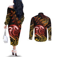 New Zealand Couples Matching Off The Shoulder Long Sleeve Dress and Long Sleeve Button Shirts Aotearoa Manaia Maori Fern Tattoo Arty LT9 - Polynesian Pride