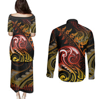 New Zealand Couples Matching Puletasi Dress and Long Sleeve Button Shirts Aotearoa Manaia Maori Fern Tattoo Arty LT9 - Polynesian Pride
