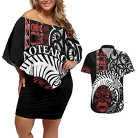 Honour The Treaty New Zealand Personalised Couples Matching Off Shoulder Short Dress and Hawaiian Shirt Toitu Te Tiriti Indigenous Maori Face