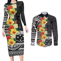 Samoa Tribal Hibiscus Flowers Couples Matching Long Sleeve Bodycon Dress and Long Sleeve Button Shirt LT9 Black - Polynesian Pride