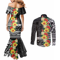Samoa Tribal Hibiscus Flowers Couples Matching Mermaid Dress and Long Sleeve Button Shirt LT9 - Polynesian Pride