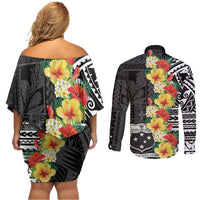 Samoa Tribal Hibiscus Flowers Couples Matching Off Shoulder Short Dress and Long Sleeve Button Shirt LT9 - Polynesian Pride