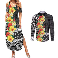 Samoa Tribal Hibiscus Flowers Couples Matching Summer Maxi Dress and Long Sleeve Button Shirt LT9 Black - Polynesian Pride