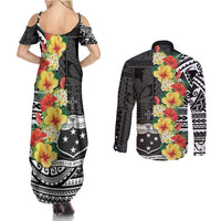 Samoa Tribal Hibiscus Flowers Couples Matching Summer Maxi Dress and Long Sleeve Button Shirt LT9 - Polynesian Pride
