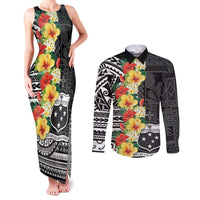 Samoa Tribal Hibiscus Flowers Couples Matching Tank Maxi Dress and Long Sleeve Button Shirt LT9 Black - Polynesian Pride