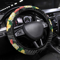 Samoa Tribal Hibiscus Flowers Steering Wheel Cover LT9 Universal Fit Black - Polynesian Pride