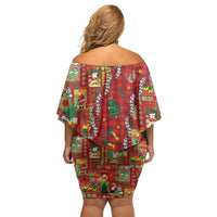 Mele Kalikimaka Pakalana Pikake Lei Off Shoulder Short Dress Hawaiian Rodeo Paniolo Omaomao Palaka - Polynesian Pride