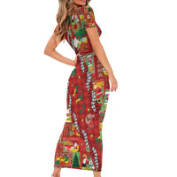 Mele Kalikimaka Pakalana Pikake Lei Short Sleeve Bodycon Dress Hawaiian Rodeo Paniolo Omaomao Palaka - Polynesian Pride