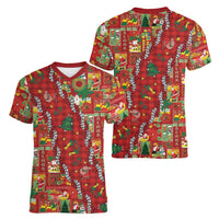 Mele Kalikimaka Pakalana Pikake Lei Women V-Neck T-Shirt Hawaiian Rodeo Paniolo Omaomao Palaka - Polynesian Pride