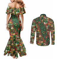 Mele Kalikimaka Pakalana Pikake Lei Couples Matching Mermaid Dress and Long Sleeve Button Shirt Hawaiian Rodeo Paniolo Ulaula Palaka - Polynesian Pride