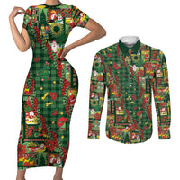 Mele Kalikimaka Pakalana Pikake Lei Couples Matching Short Sleeve Bodycon Dress and Long Sleeve Button Shirt Hawaiian Rodeo Paniolo Ulaula Palaka - Polynesian Pride