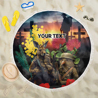 Kangaroo-Kiwi Soldier ANZAC Personalised Beach Blanket Golden Wattle and Pohutukawa Flowers