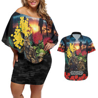 Kangaroo-Kiwi Soldier ANZAC Personalised Couples Matching Off Shoulder Short Dress and Hawaiian Shirt Golden Wattle and Pohutukawa Flowers