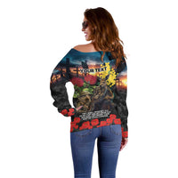Kangaroo-Kiwi Soldier ANZAC Personalised Off Shoulder Sweater Golden Wattle and Pohutukawa Flowers