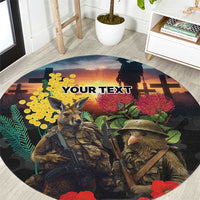 Kangaroo-Kiwi Soldier ANZAC Personalised Round Carpet Golden Wattle and Pohutukawa Flowers LT9 Black - Polynesian Pride