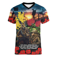Kangaroo-Kiwi Soldier ANZAC Personalised Women V-Neck T-Shirt Golden Wattle and Pohutukawa Flowers