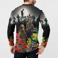 Kangaroo-Kiwi Soldier ANZAC Personalised Button Sweatshirt Golden Wattle Poppy Flowers