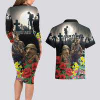 Kangaroo-Kiwi Soldier ANZAC Personalised Couples Matching Long Sleeve Bodycon Dress and Hawaiian Shirt Golden Wattle Poppy Flowers