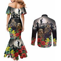 Kangaroo-Kiwi Soldier ANZAC Personalised Couples Matching Mermaid Dress and Long Sleeve Button Shirt Golden Wattle Poppy Flowers