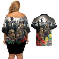 Kangaroo-Kiwi Soldier ANZAC Personalised Couples Matching Off Shoulder Short Dress and Hawaiian Shirt Golden Wattle Poppy Flowers