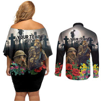 Kangaroo-Kiwi Soldier ANZAC Personalised Couples Matching Off Shoulder Short Dress and Long Sleeve Button Shirt Golden Wattle Poppy Flowers