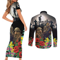 Kangaroo-Kiwi Soldier ANZAC Personalised Couples Matching Short Sleeve Bodycon Dress and Long Sleeve Button Shirt Golden Wattle Poppy Flowers