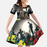 Kangaroo-Kiwi Soldier ANZAC Personalised Family Matching Off The Shoulder Long Sleeve Dress and Hawaiian Shirt Golden Wattle Poppy Flowers LT9 Daughter's Dress Black - Polynesian Pride