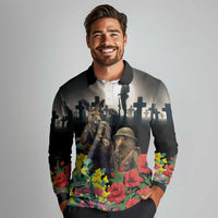 Kangaroo-Kiwi Soldier ANZAC Personalised Long Sleeve Polo Shirt Golden Wattle Poppy Flowers